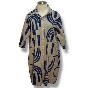 Women’s Midi Shirt Dress Size XL? Tan and Blue Geometric Print Button Front
